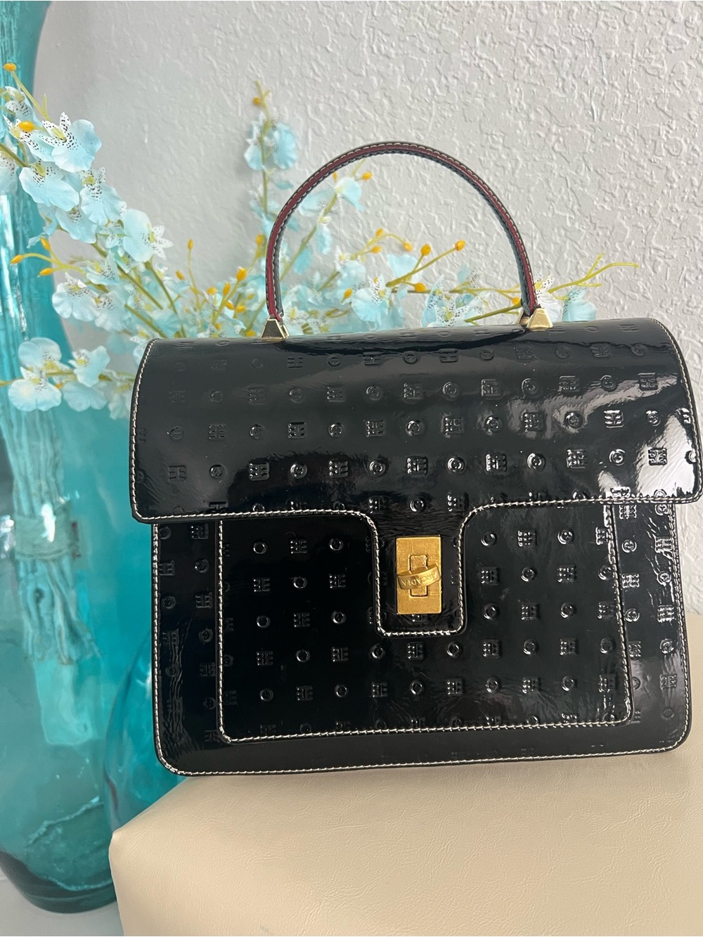 Arcadia Black Patent Top-Handle Satchel with Gold Hardware